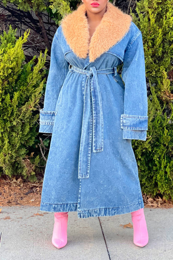 storexq Patchwork Feminine Belted Denim Trench Coat