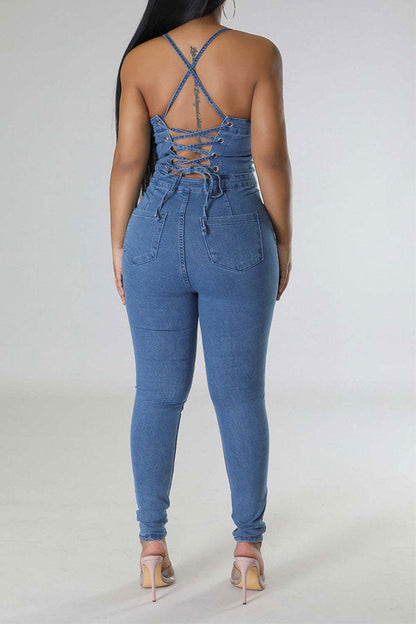 storexq Solid Color Smart Strappy Denim Jumpsuit