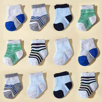 12 Pairs/6 Pairs Of Baby Boy Striped Mid-tube Socks, Simple Four-season Short Socks