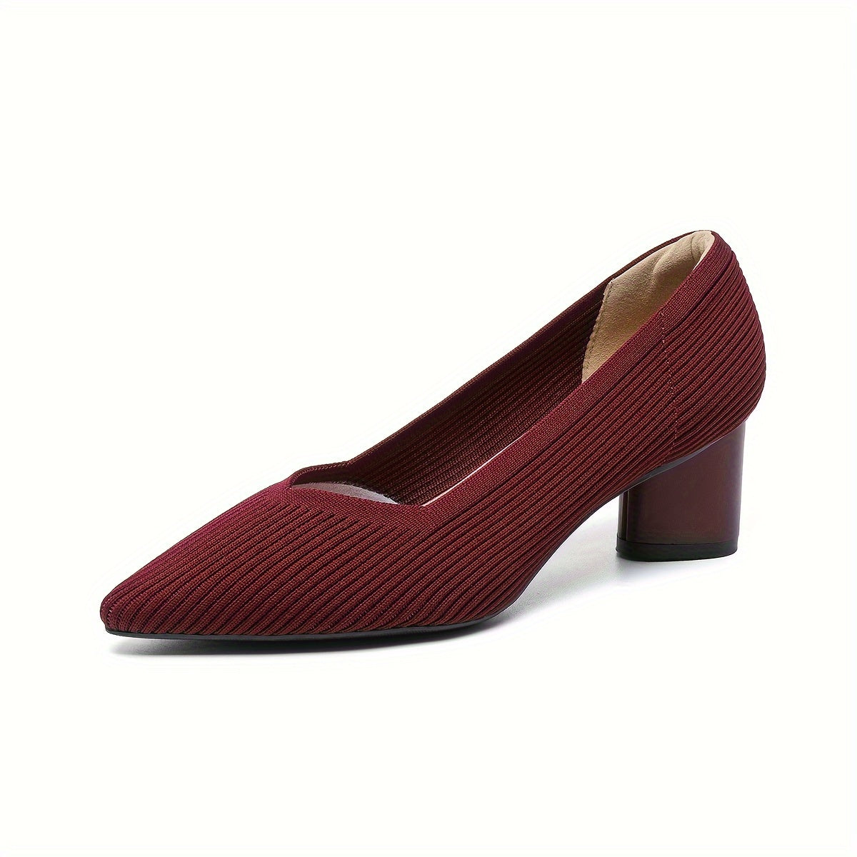 Chic Womens Knit Slip-On Pumps - Soft Chunky Heels, Pointed Toe, Breathable Comfort - Ideal for Work & Casual Style