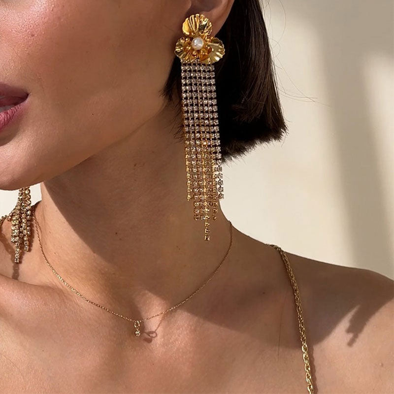 storexq Flower-shaped Luxe Rhinestone Tassel Earrings