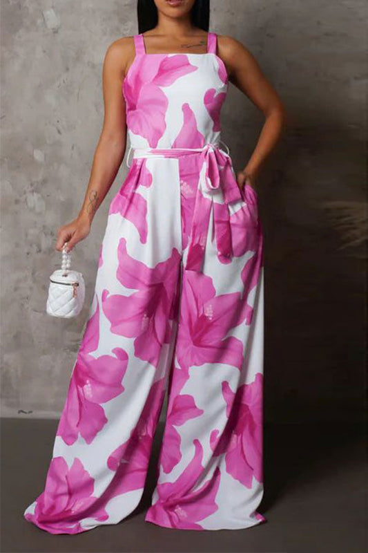 storexq Floral Print Elegant Belted Wide Leg Jumpsuit