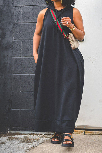 storexq Solid Color Relaxed Hooded Maxi Dress