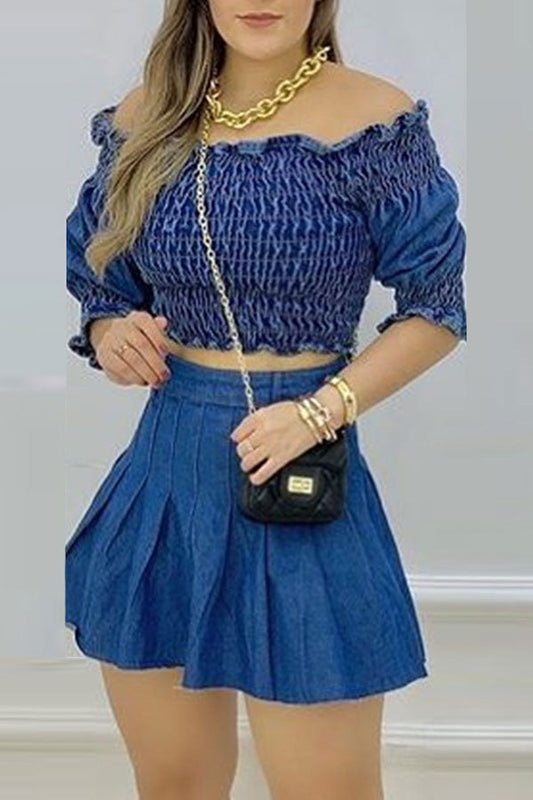 storexq Off Shoulder Elegant Shirring Denim Dress Suit