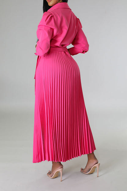 storexq Solid Color Commuting Belted Pleated Midi Dress