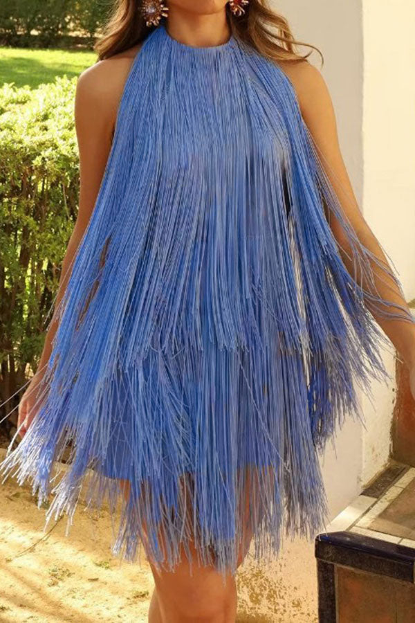 storexq Solid Color Feminine Backless Tassel Mini Dress