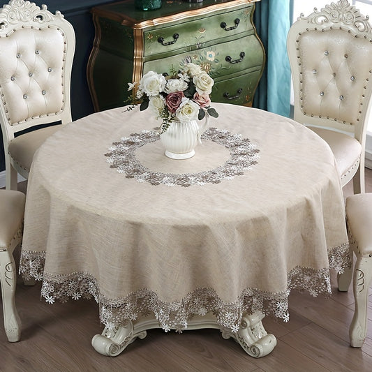 1pc Tablecloth, Coffee-colored Round Tablecloth, Lace Polyester Tablecloth, Home Decoration Party Decoration, Elegant Home Decor, For Picnic, Holiday Party And Wedding, Home Supplies