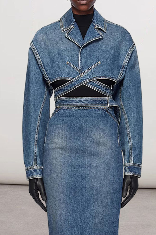 storexq Blue Denim Unique Criss Cross Strappy Jacket