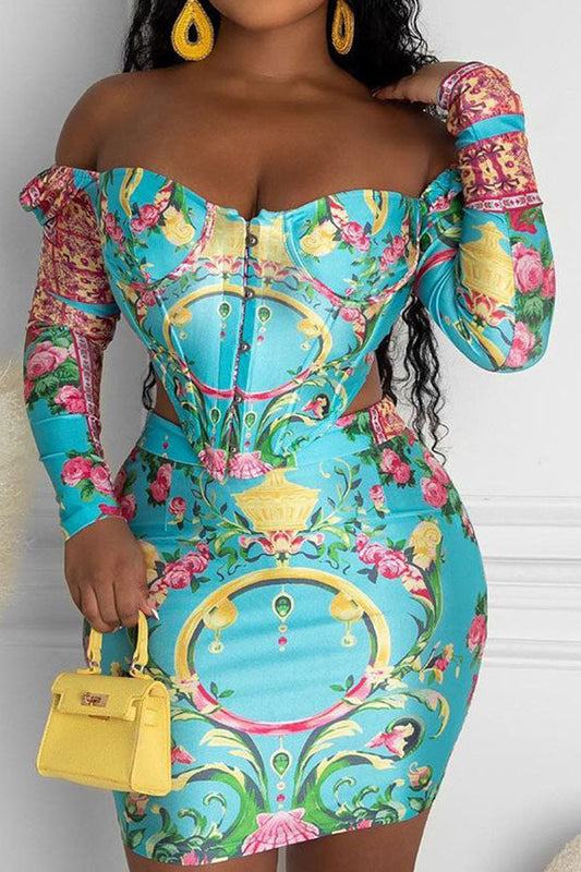 storexq Floral Print Hot Off Shoulder Irregular Dress Suit