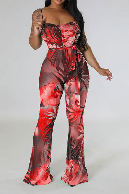 storexq Floral Print Romantic Belted Bell Bottoms Jumpsuit