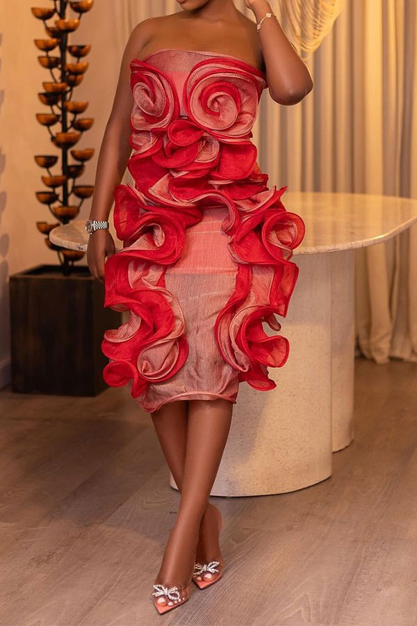 namcoverse Color Block 3D Flower Decor Romantic Strapless Midi Dress