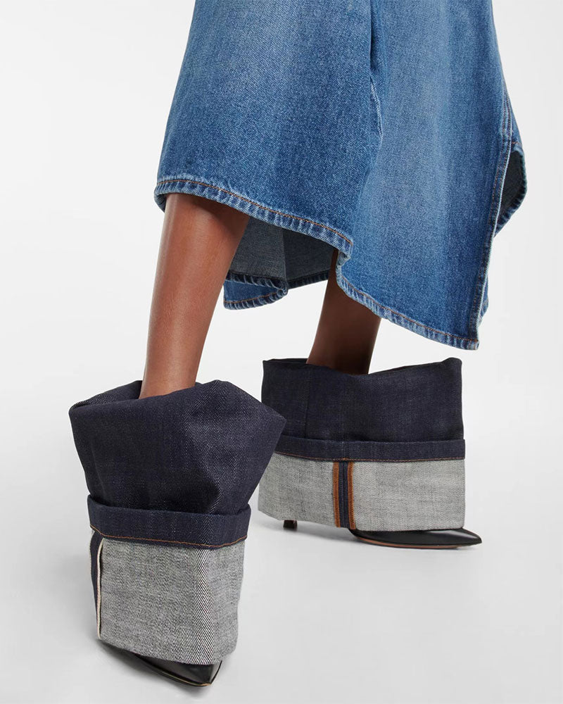 storexq Unique Fold Over Ankle Denim Boots