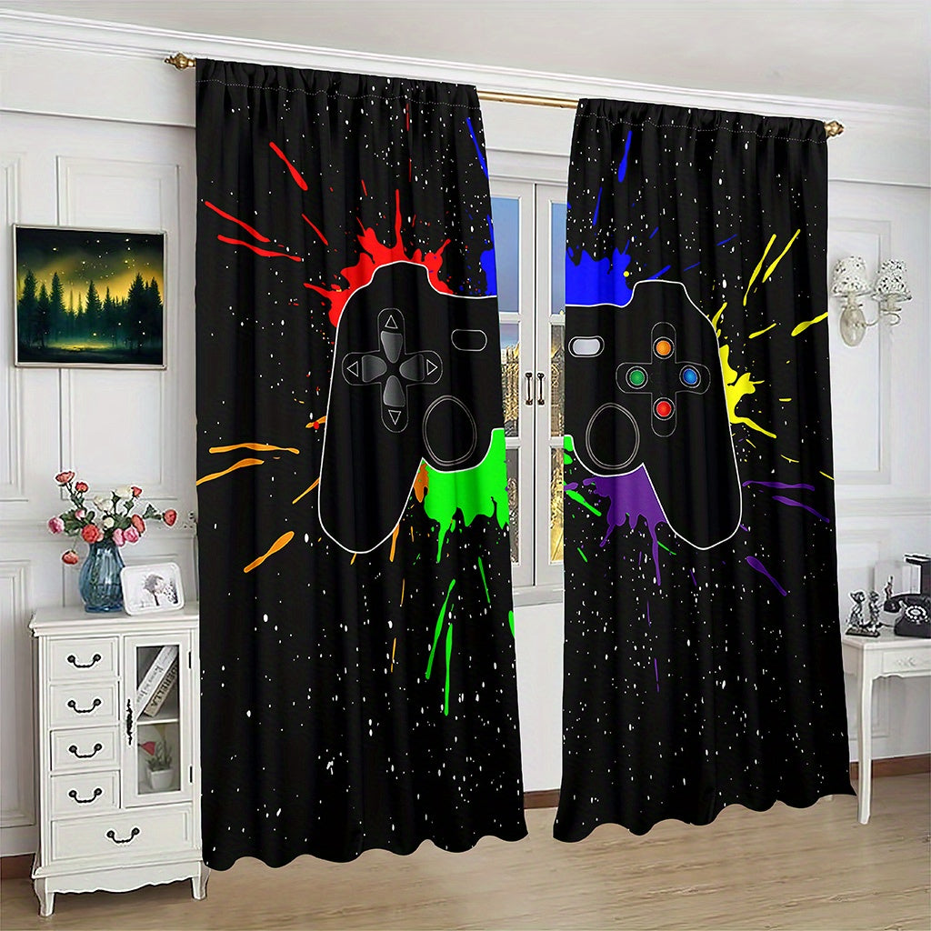 2pcs Gamepad Printed Curtains, Game Controller Fabric Window Drapes, Window Treatments For Playroom Bedroom Office Kitchen Living Room Study Home Decor