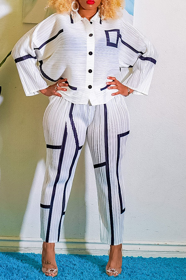 storexq Striped Patchwork Modern Pleated Pant Suit