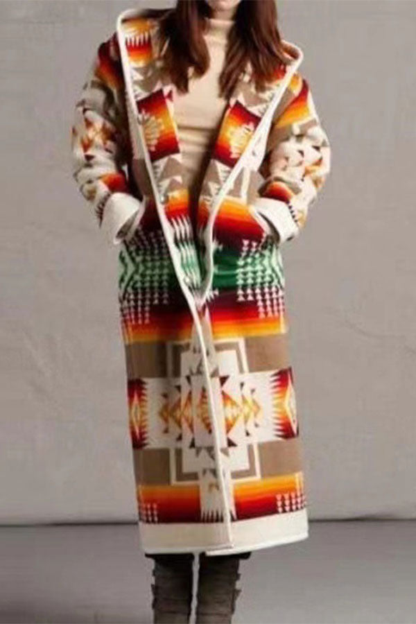 storexq Tribal Graphic Print Retro Hooded Trench Coat