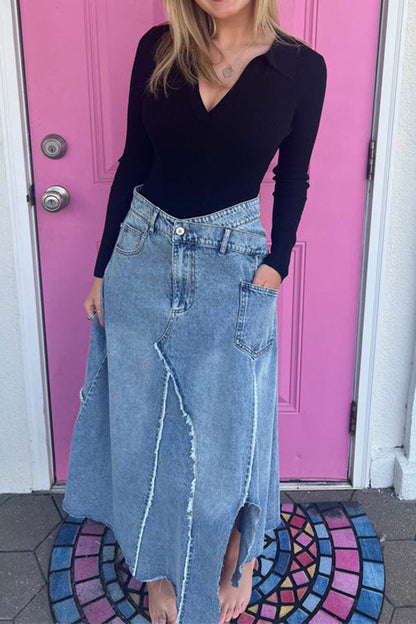 storexq Washed Denim High Waist Urban Asymmetric Skirt