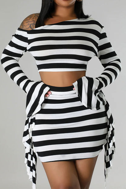 storexq Striped Oblique Collar Hot Side Ruffle Skirt Suit