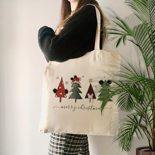 1 Pc Christmas Tree Pattern Fashion Polyester Tote Bag - Lightweight, Foldable & Fade Resistant Shoulder Bag for Women - Machine Washable Canvas Shopping Bag for Daily Commute, Vacation, Beach Holiday - Stylish Reusable Bag with Fixed Strap & Open Closure