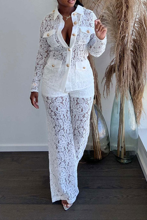 storexq Lace Classic Single Breasted See-Through Pant Suit