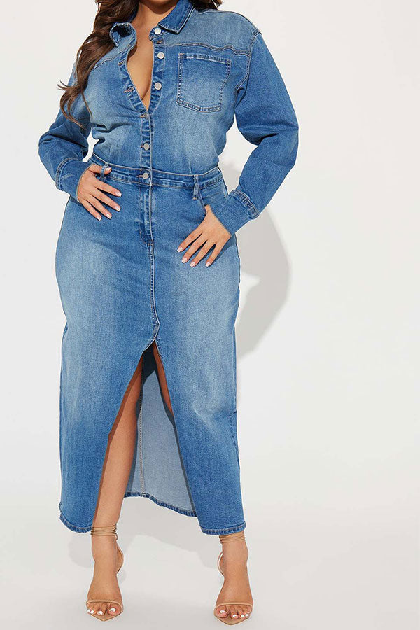 namcoverse Blue Gradient Denim Classic High Split Midi Dress