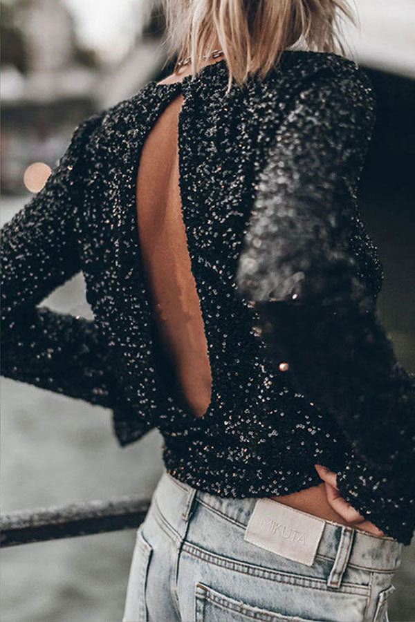 storexq Sequined Sparkly Round Neck Backless Blouse