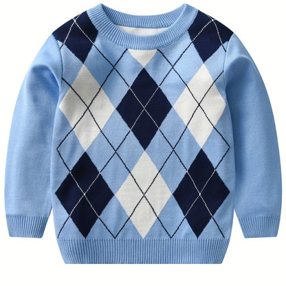 Cozy Boys' Argyle Sweater - Soft Stretchy Long Sleeve Round Neck Pullover Top for Kids - Warm Knit Outdoor Clothing for Winter and Fall