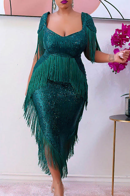 storexq Sequined Luxe Tassel Irregular Midi Dress