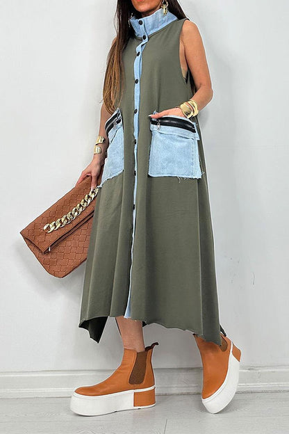 storexq Hit Color Patchwork Urban Pocket Irregular Midi Dress