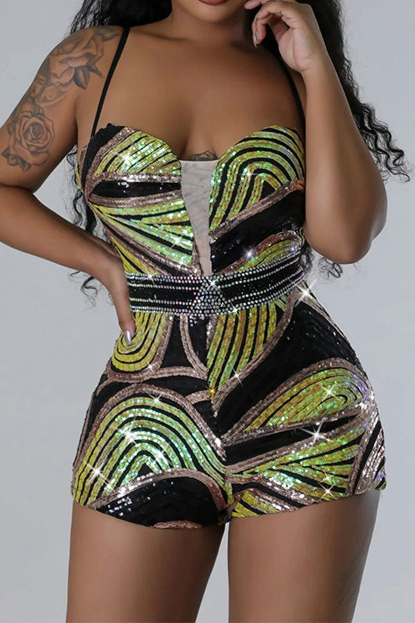 storexq Hit Color Sequined Festive Spaghetti Strap Romper