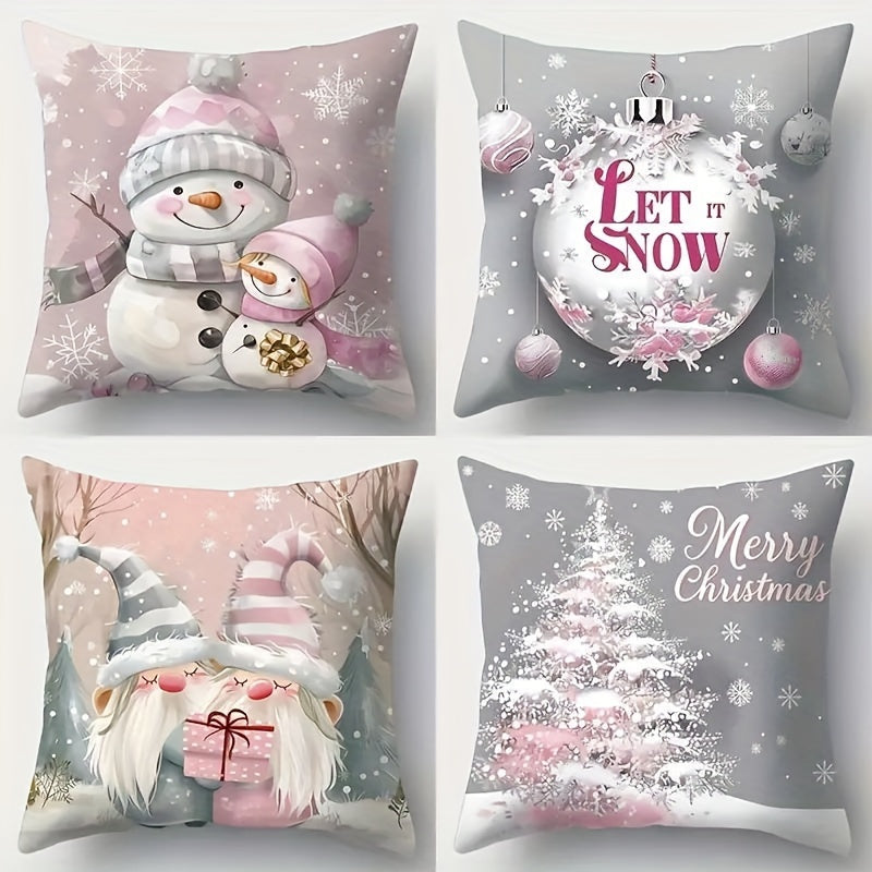 4-Pack Festive Lodge-Style Christmas Throw Pillow Covers - Polyester Zippered Cushion Cases with Vibrant Festive Patterns, Machine Washable, and Durable for Home Decor, Living Room, Bedroom, and Outdoor Sofa Decoration