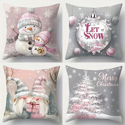 4-Pack Festive Lodge-Style Christmas Throw Pillow Covers - Polyester Zippered Cushion Cases with Vibrant Festive Patterns, Machine Washable, and Durable for Home Decor, Living Room, Bedroom, and Outdoor Sofa Decoration