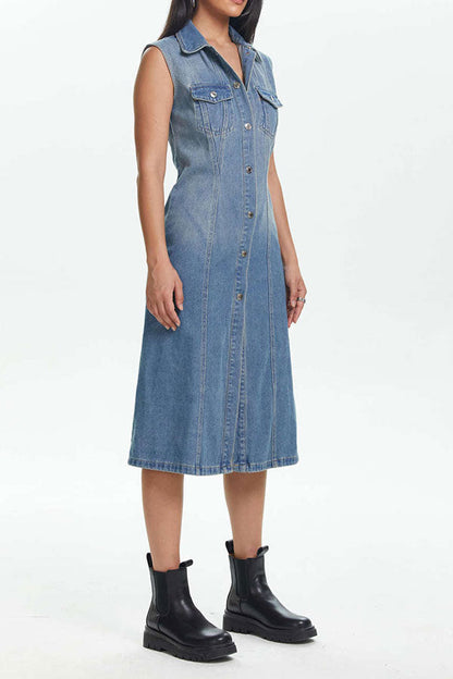 storexq Gradient Classic Patch Pocket Denim Midi Dress