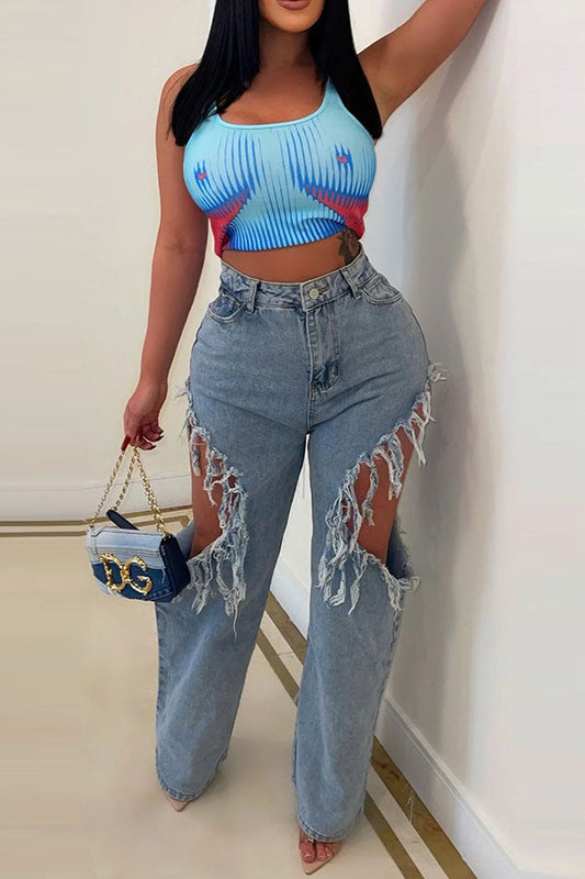 storexq Solid Color Unique Cutout Tassel Jeans