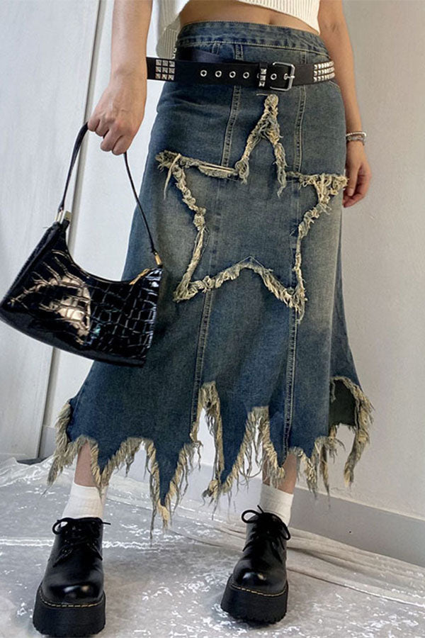 storexq Star Applique Tassel Chic Irregular Denim Skirt