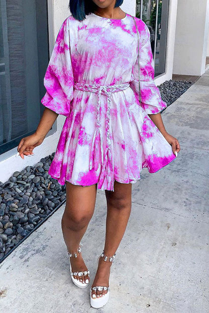 storexq Tie Dye Cute Belted Mini Dress