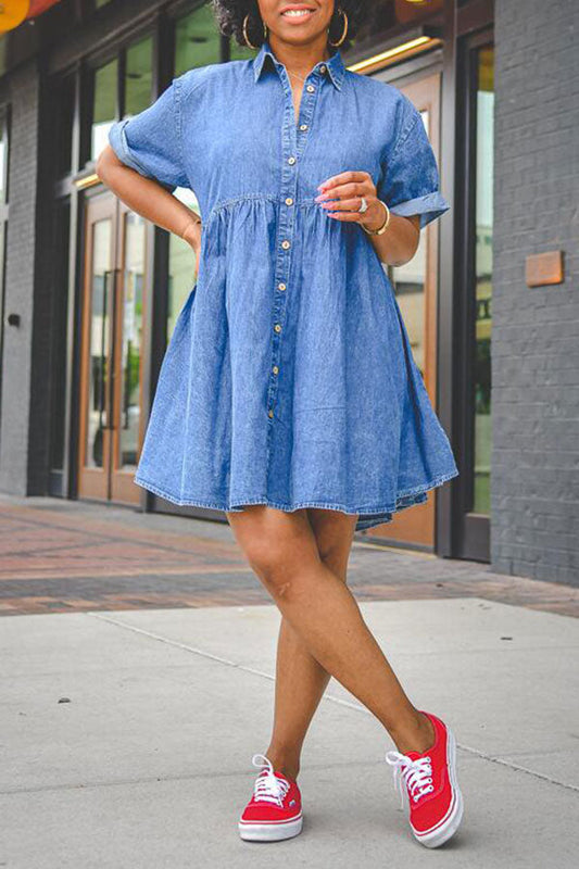 storexq Blue Lapel Classic Button Down Denim Mini Dress