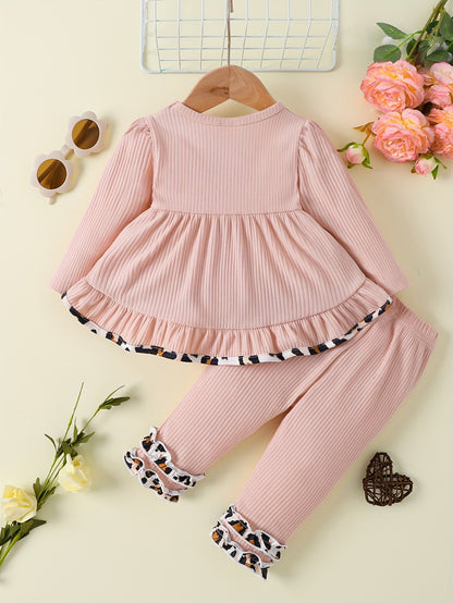 Toddler Baby Girl Cute Outfit - Puff Hem Dress Top + Elastic Pencil Pants Leopard Lace Letter Embroidery Set Outdoor Clothes