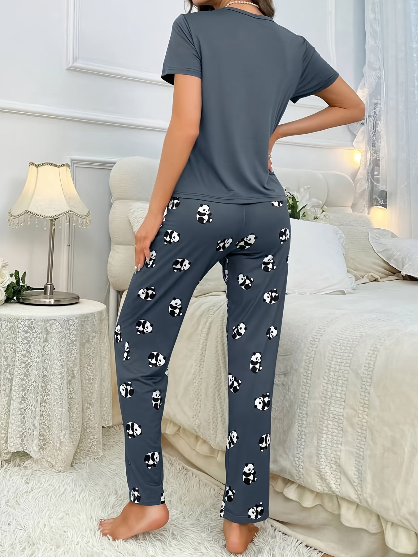 Womens Cute Panda Print Pajama Set - Short Sleeve Round Neck Top & Elastic Pants - Lightweight, Breathable, Perfect for Summer Sleepwear - Cozy, Comfortable Nightwear