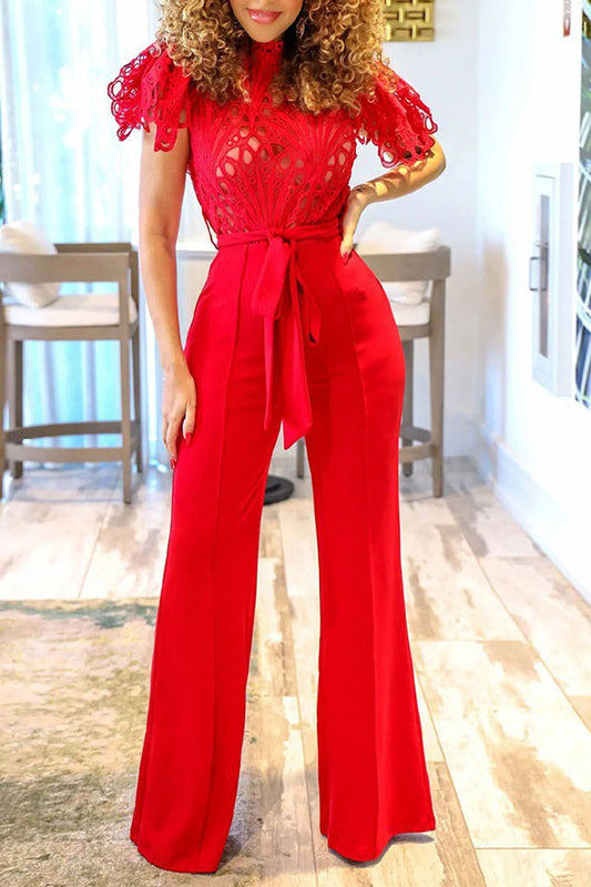 storexq Lace Hollow-Out Elegant Belted Jumpsuit