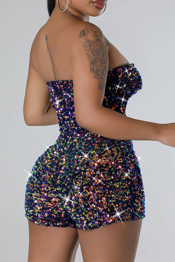 storexq Sequined Sparkly Strapless Bodycon Romper