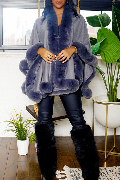 storexq Solid Color Faux Fur Patchwork Elegant Cape Coat