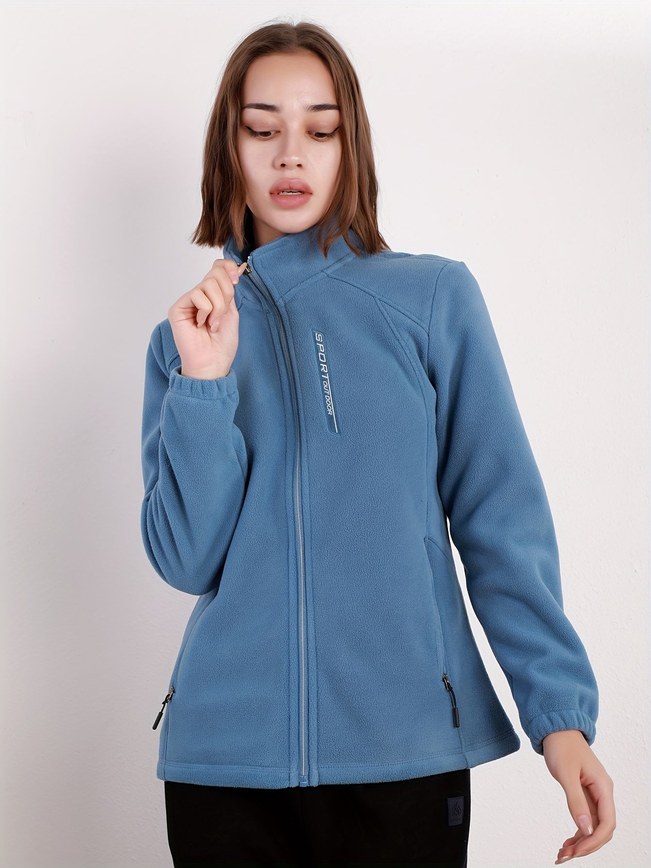 Cozy Embroidered Fleece Jacket for Women - Warm, Windproof, and Water-Resistant with Zip Pockets, Stand Collar, and Long Sleeves for All Seasons - 330g 100% Polyester Solid Knit Fabric