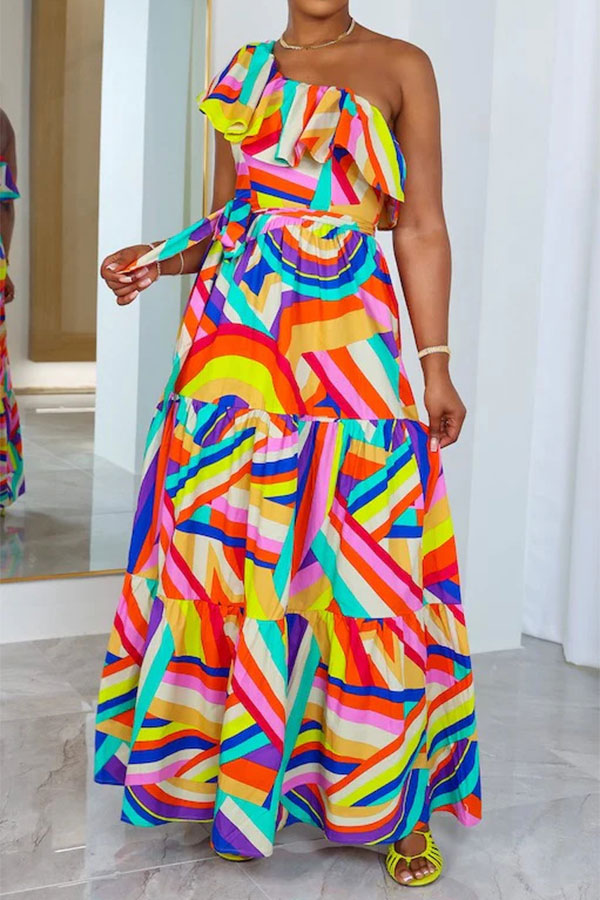 storexq Rainbow Striped Sweet Lace-Up Tiered Ruffle Maxi Dress