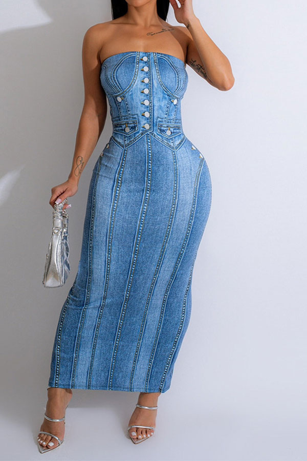 namcoverse Imitation Denim Print Smart Strapless Slit Back Midi Dress