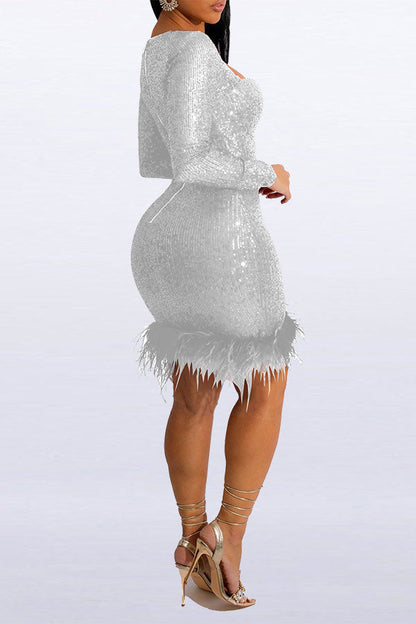 namcoverse Sequined Luxe Feather Hem Mini Dress