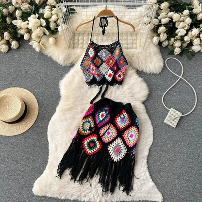 Work Dresses SINGREINY Beach Style Women Matching Set Summer Knitted Halter Backless Camisole Drawstring Tassel Skirt Vacation Two Piece