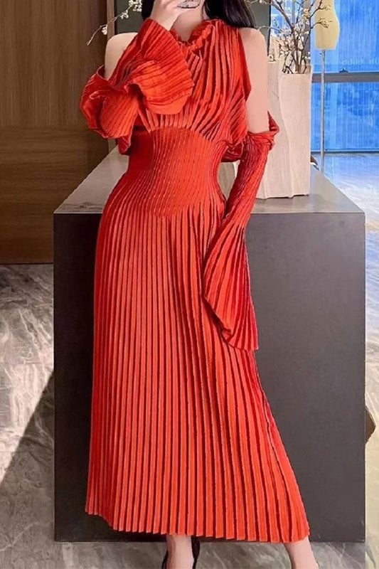 storexq Solid Color Cold Shoulder Stunning Pleated Midi Dress