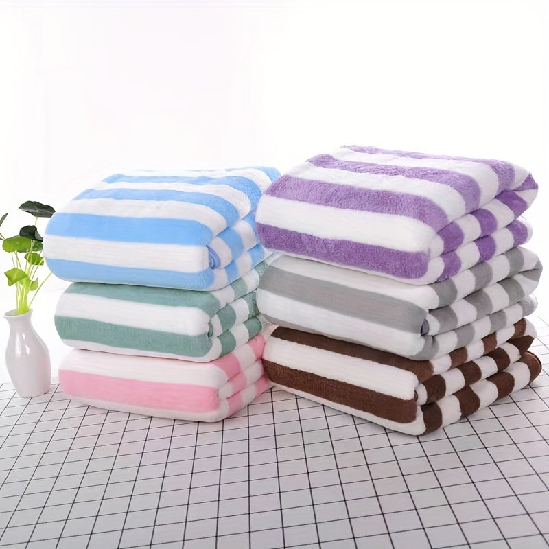 Striped Soft Absorbent Towel Set, Fast Drying Coral Fleece Bath and Hand Towels, Polyester Blend Terrycloth Knit Fabric, 320 GSM - Pack of Bath and Face Towels