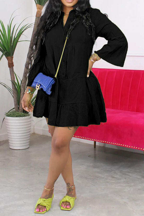 storexq Solid Color Casual Tiered Mini Dress