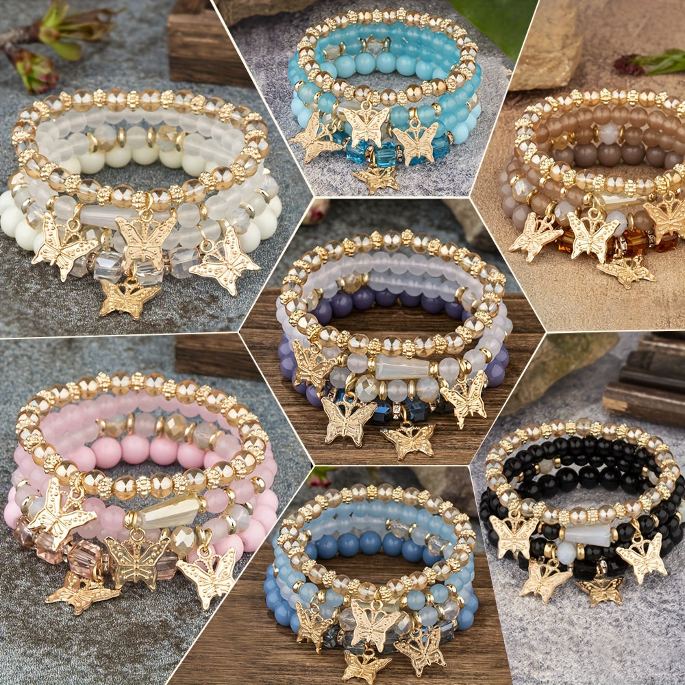 28-Piece Multilayer Beaded Stackable Bracelet Set - Artificial Crystal Butterfly Pendant Jewelry with Handcraft DIY Beads, Stretch Hand String, and Versatile Layering Options - Perfect for Fashionistas and Jewelry Makers